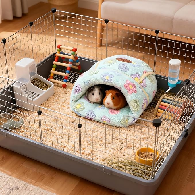 YUEPET Guinea Pig Bed Cuddle Cave Warm Fleece Cozy House Bedding Sleeping Cushion Cage Nest for Small Animal Squirrel Chinchilla Hedgehog Cage Accessories(Green Flower