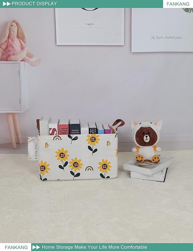 Storage Bins, Nursery Hamper Canvas Laundry Basket Foldable with Waterproof PE Coating Large Storage Baskets for Kids Boys and Girls, Office, Bedroom, Clothes,Toys(Rec-Sunflower）