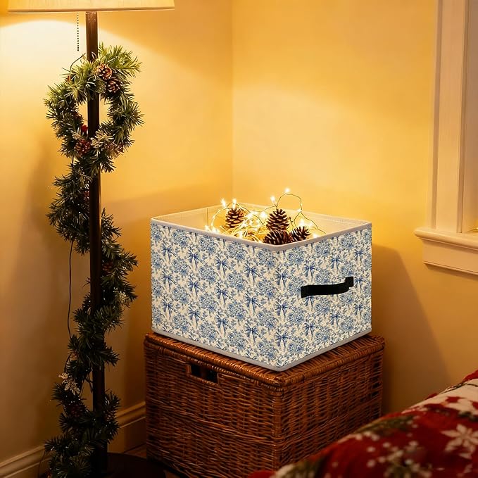 Blue and White Floral Bow Storage Bins, French Country Toile de Jouy Flower Foldable Closet Organizers Storage Basket Toybox for Clothes Bed Sheets Blankets Toys