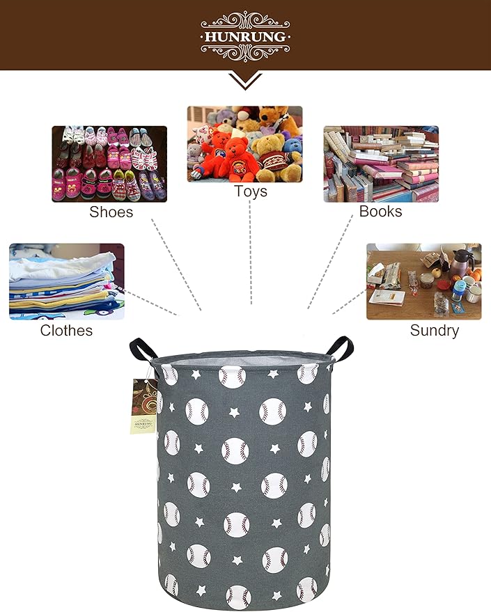 Collapsible Fabric Storage Basket, Waterproof Laundry Hamper with Handles, Round Storage Bin for Clothes Toys, Foldable Organizer for Bedroom Nursery Bathroom(Round-Grey Baseball)
