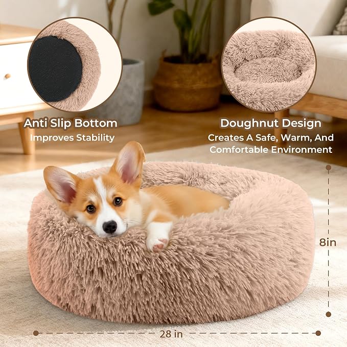 Calming Large Donut Dog and Cat Bed, Anti-Anxiety Round Soft Fluffy Plush Faux Fur Washable Anti-Slip Pet Bed for Medium Dogs Up to 35 lbs 28in (Camel)