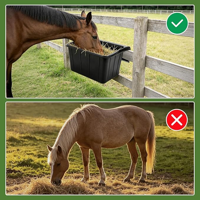 3 Pack 17 Quart Rubber Horse Feed Bucket Heavy Duty Plastic Hay Feeder for Stall Fence Pasture Stable Mountable Cattle Sheep Cow Feeding Pan with Hook for Easy Hanging Black