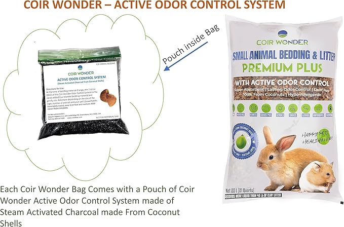 Coir Wonder Small Animal Bedding – 20 L –– Coco Chip Fiber Bedding Substrate for Guinea Pig, Hamster, Rabbit, Bunny Litter, Tortoise, Turtle, Reptile, Snake Habitat - Activated Charcoal Odor Control