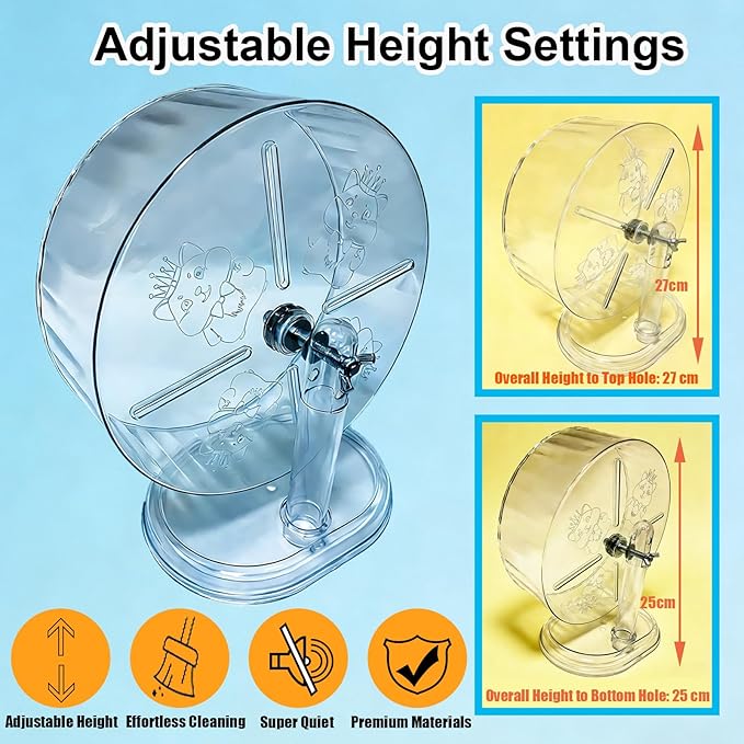 Hamster Silent Running Wheel for Small Animal, Exercise Wheels Anti-Skid Adjustable Stand for Hamsters,Cage Mount, Gerbils, Rats, Mouse, Mice, Transparent Shell (9.45inch)