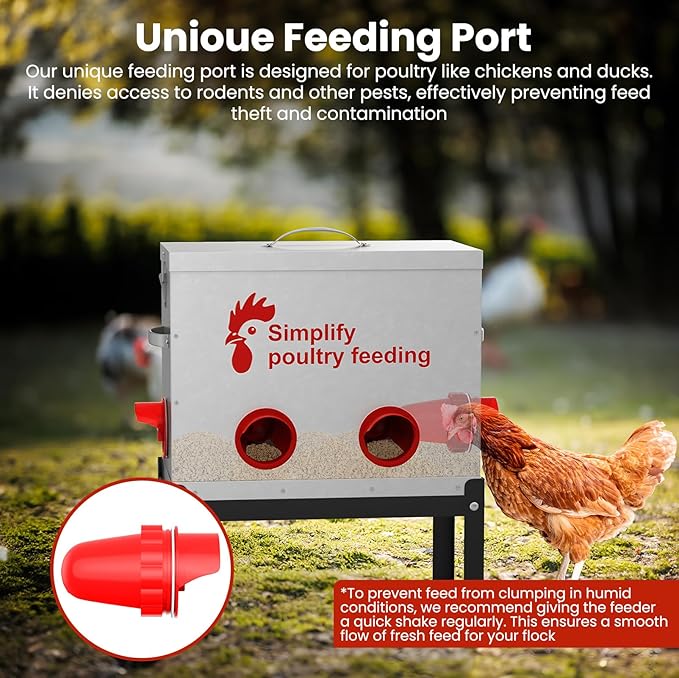 Hiqufet 40 lb Large Automatic Chicken Feeder with 6 No-Waste Ports – Outdoor Metal Chicken Feeders with Adjustable Stand, Rodent-Resistant Design & Riveted Handles for Chickens, Ducks & Poultry