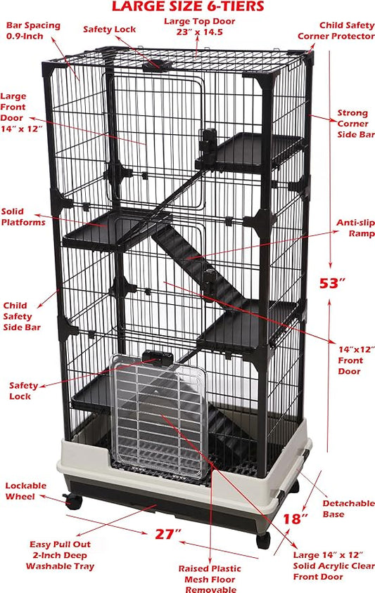 Large 5-Tiers Deluxe in/Outdoor Chinchilla Ferret Squirrel Hedgehog Kitten Rabbit Bunny Hutch House Critter Habitat Mesh Floor Easy Clean 2-Inch Deep Pull Out Tray with Rolling Casters
