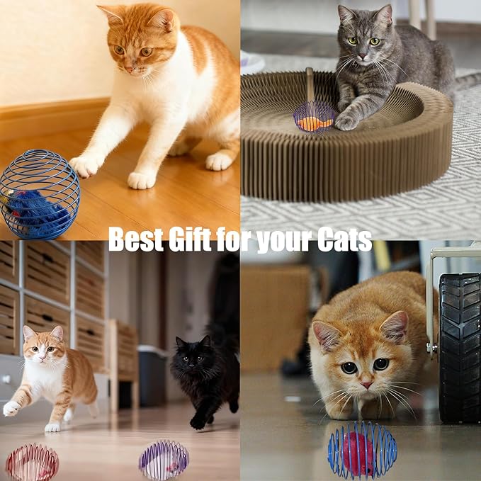 5 Pack Cat Spring Cage Balls with Plush Mouse - Interactive Wire Rattle Toy for Indoor Cats & Kittens - Durable Metal Rolling Mouse Toys for Bored Cats Exercise (Random Colors)