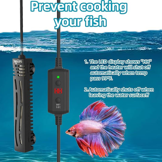 SEAOURA Small Aquarium Heater, 25W Mini Turtle and Betta Fish Tank Heater 1-6 Gallon Tank, Adjustable Submersible Aquarium Heater with External Controller for Freshwater and Saltwater
