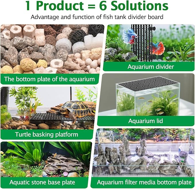 12pcs Aquarium Fish Tank Divider Filter Bottom with Bracket, Plastic Egg Crate Grid (11.6X5.7inch) for Fish Tank Separation, Bottom Filtration & DIY Aquascaping (Black, 72 Brackets)