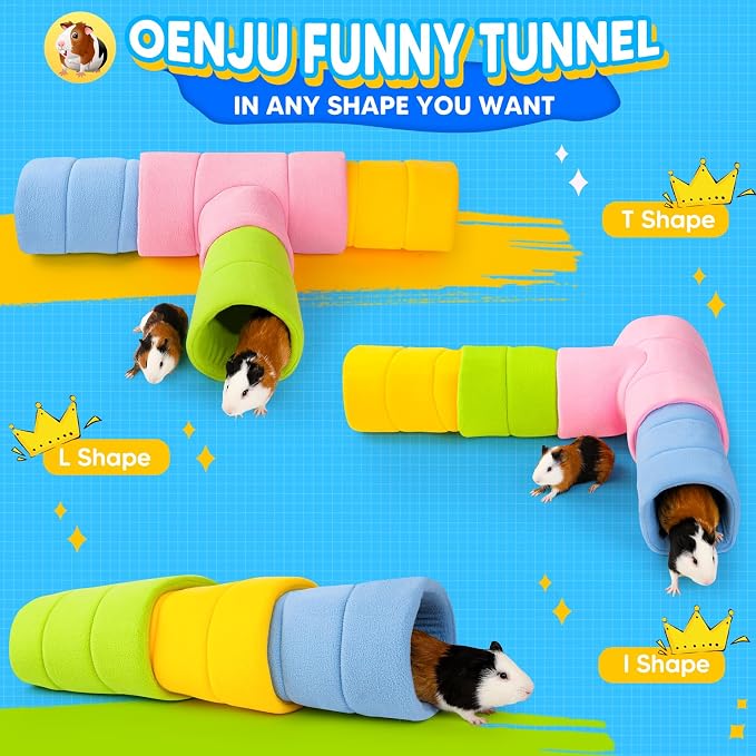 Guinea Pig Tunnel, Four Stackable Tunnels for Guinea Pig, One Pink 3-Way Tunnel and Three 2-Way Play Tube, Pink, Blue, Green and Yellow