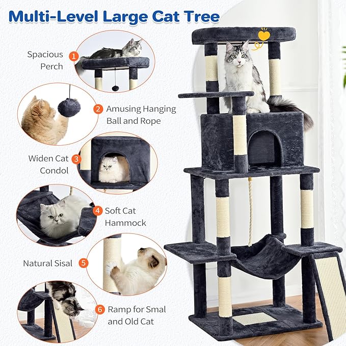 ABCPET Cat Tree Tower 63in Multi-Level Cat Tower for Indoor Cats with Sisal Scratching Posts, Condo, Hammock, Dangling Ball and Extended Platform for Cats to Play, Grey