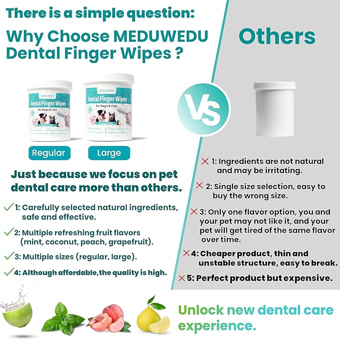 MEDUWEDU Dental Care Finger Wipes 60 Counts,Teeth Cleaning Finger Wipes for Dogs & Cats,Reduces Plaque & Supports Oral Freshness, Coconut Scent
