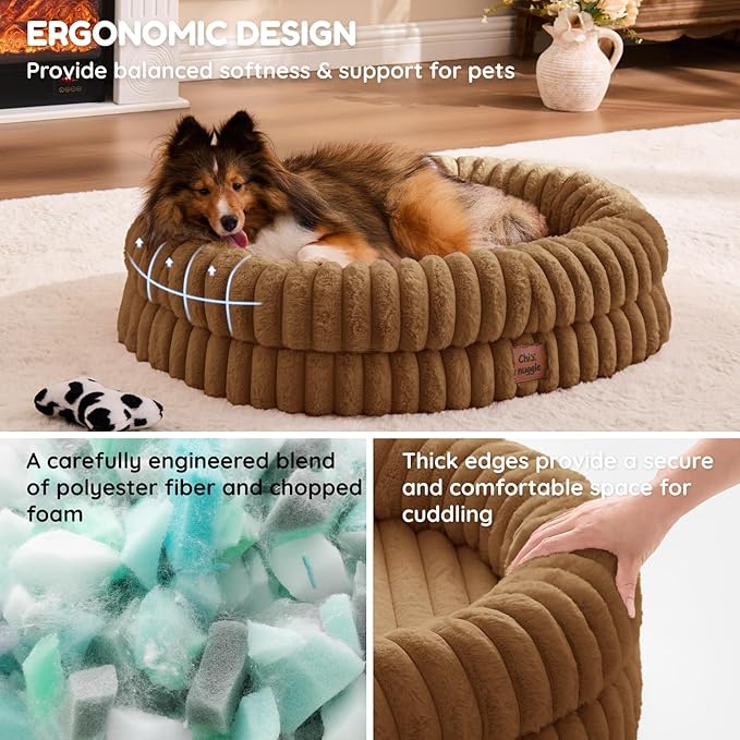 ChiXnuggle Dog Bed Medium Sized Dog - Luxury Striped Faux Fur Waterproof Pet Couch with Removable Washable Cover, Orthopedic Pet Bed with Bolster Sides for Sleeping, Brown