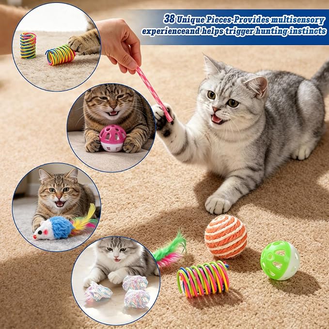 Cat Toys 38 Pack, Cat Toys for Indoor Cats, Interactive Cat Toys Variety Pack with Colorful Springs, Mouse Toys, Sisal Balls, Crinkle Balls and Bell Balls for Kittens and Adult Cats