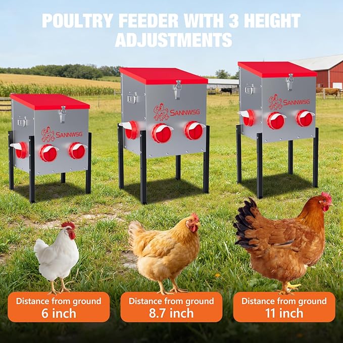 Chicken Feeders,30 lb Capacity 6 Port Automatic Chicken Feeder, Metal Chick Feeder with Locking Lid and Legs, Chicken Feeder for Chickens, Ducks, Geese
