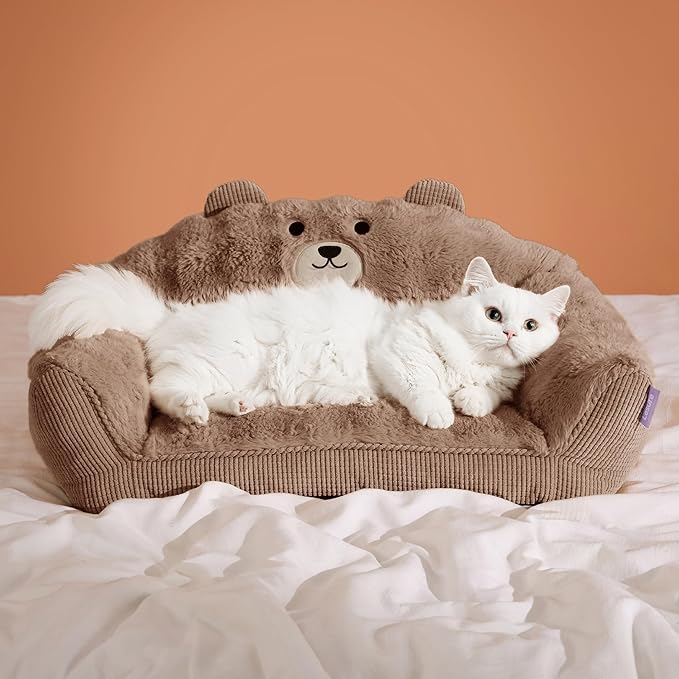 LE SURE Cute Cat Couch for Pets - Fluffy Original Bear Design Cat Beds for Indoor Cats, Fuzzy Cats Sofa with Removable Washable Cover, Supportive Pet Chair, 24inch, Brown