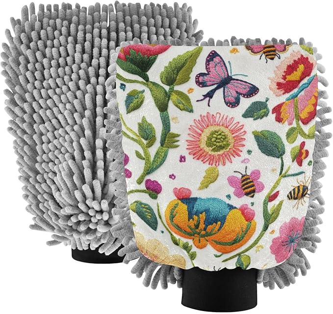 Car Wash Mitt Microfiber Wash Mitts for Car Washing Scratch-Free Cleaning Gloves Soft Non Absorbent Chenille Auto Hand Mitt Medium 2Pack Embroidered Flowers Bee Butterfly