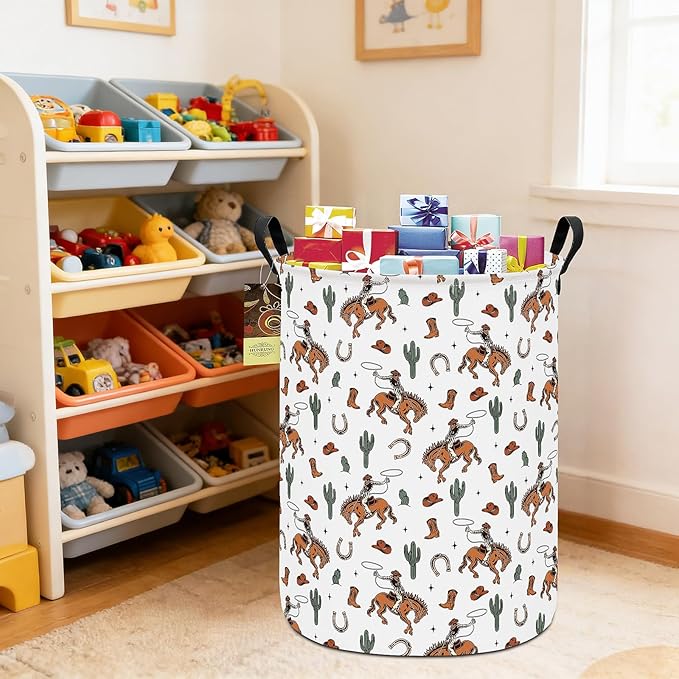 Collapsible Fabric Storage Basket, Waterproof Laundry Hamper with Handles, Round Storage Bin for Clothes Toys, Foldable Organizer for Bedroom Nursery Bathroom(Round-Cowboy)