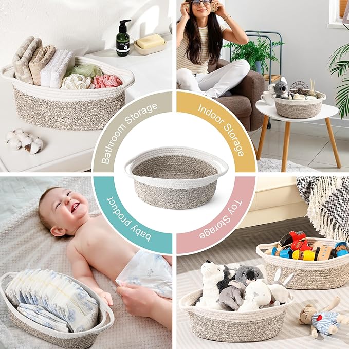 2 Pack Small Woven Basket with Gift Bags and Ribbons, Empty Decorative Gift Chest Box, Cute Baby Gift Basket for Nursery, Cotton Rope Room Shelf Storage Basket with Handles, All 12"x 8"x 5",Brown