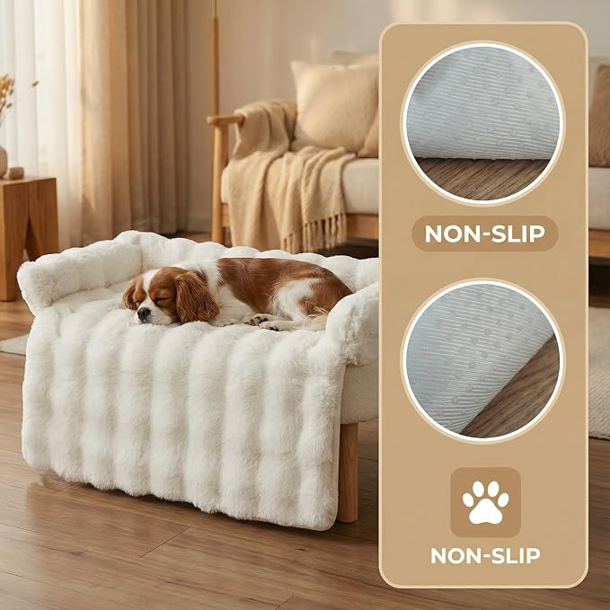 Calming Dog Bed for Couch, 29.5 x 29.5 inch Removable Couch Cover for Dogs Washable, Non-Slip Fluffy Plush Dog Sofa Mat for Furniture Protector (White)