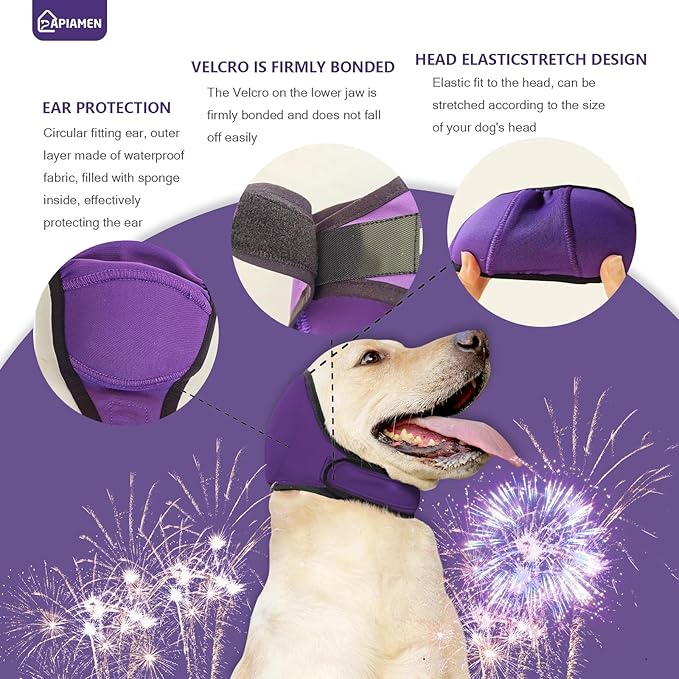 Dog Ear Cover for Hematoma,Bathing,Grooming,Drying,Fashion No Shake Ear Wraps for Dogs Ear Muffs Noise Protection Anxiety Relief,Waterproof Dog Calming Hoodie Shower Cap(Purple,L)