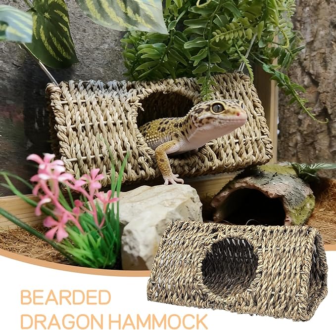 Reptile Hide Cave,Hollow Gecko Hide,Hanging Seagrass Fiber Bearded Dragon Hammock Swing Lizard Cage Climbing Toys with Suction Cups&Chains,Reptile Tank Decor with Simulation Plants-Triangle S