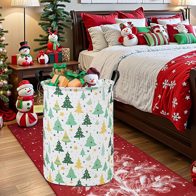 Collapsible Fabric Storage Basket, Waterproof Laundry Hamper with Handles, Round Storage Bin for Clothes Toys, Foldable Organizer for Bedroom Nursery Bathroom(Round-Christmas tree)