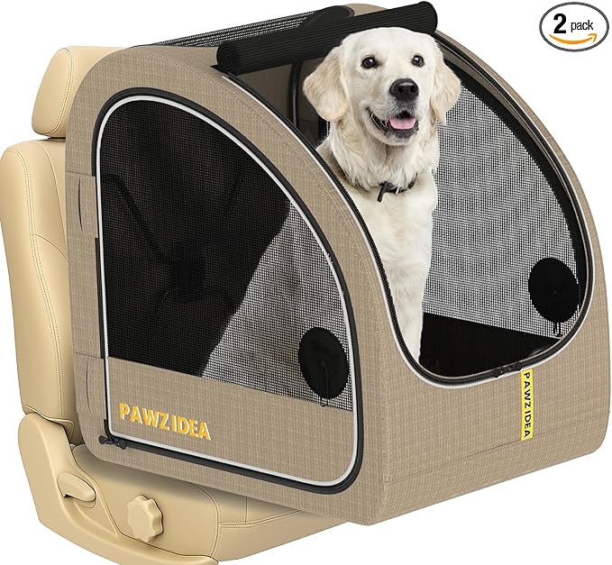 PAWZIDEA Portable Dog Crate for Car, 45% Extra Tall Travel Kennel for Medium & Large Dogs up to 80lbs Sit Upright, Enclosed Soft-Sided Backseat Carrier Collapsible, Secure w/Seatbelt & Headrest Strap