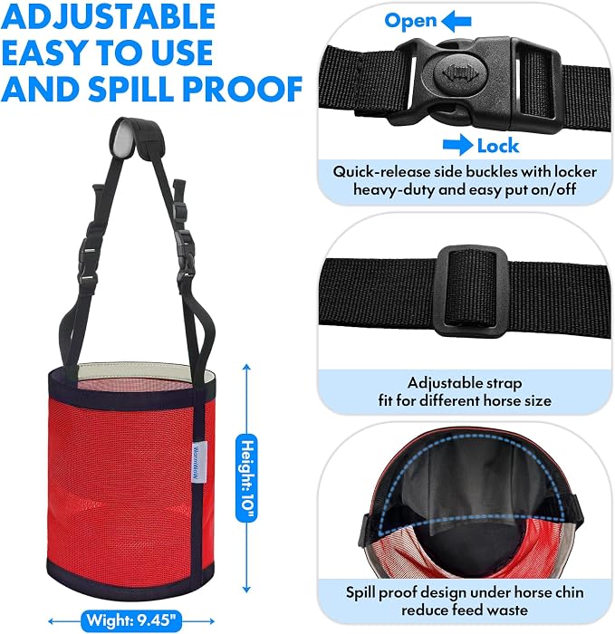 Horse Feed Bag Pack of 2 (Reinforced Bottom Edging), Feed Bags for Horses with Ventilation Mesh, Comfort Nose Pad Neck Pad, Adjustable Strap, Spill Proof Design for Feeding Grain, Supplements