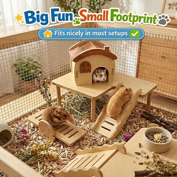 3 Pcs Hamster House Set,Hamster Game Climbing Toy with Platform,Wooden Hideaway House,Activity Seesaw,Small Animal Fun Activity Space for Syrian Hamsters, Gerbils, Mice