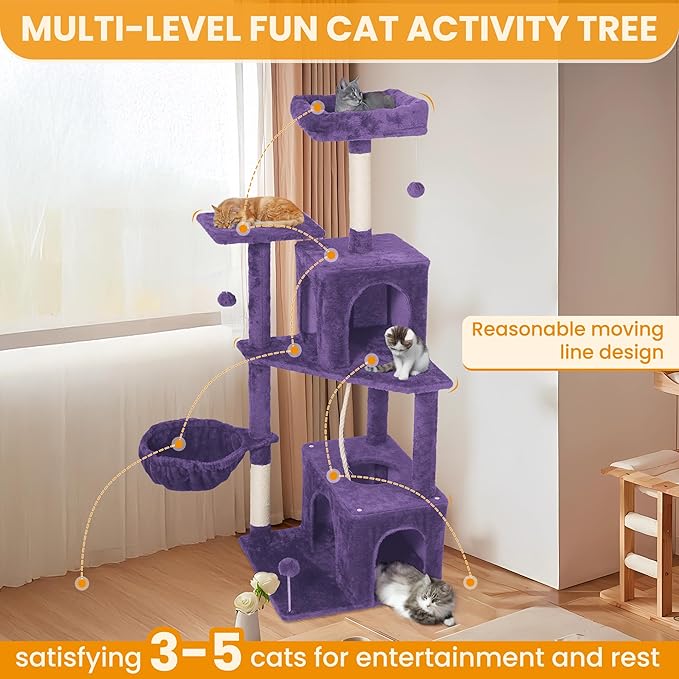 54-Inch Cat Tree Tower with 2 Caves & 2 Pompoms - Multi-Level Tower for Indoor Cats, Soft Plush Condo with Scratching Posts - Sturdy Base for Large Cats(Purple)
