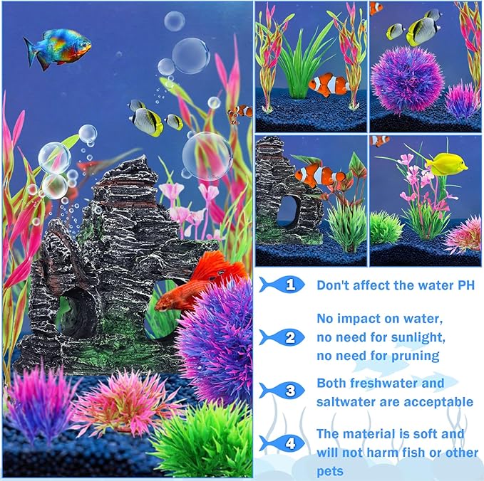 QUOZUO 10pcs Aquarium Artificial Plastic Plants Decorations and Rock Cave Decor Set, Fish Tank Accessories Small Large Fish Bowl Ornaments Set