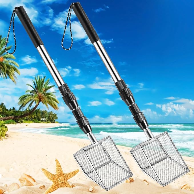 2 Ps Shell Scooper for Beach, Shark Tooth Sifter with Stainless Steel Adjustable Long Handle, Sand Sifter and Shovel Tool for The Beach to Collecting Shells, Shark Teeth Dipper for Kids and Adults