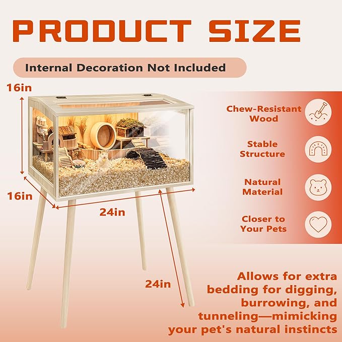 PROLEE Hamster Cage Wooden Chew Proof, Extra Large Mice and Rat Habitat Openable Top with Acrylic Sheets Solid Built Small Animal Cage with Leg Stands, 24 Inch Long