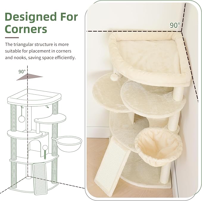 Gitelsnour Corner Cat Tree for Indoor Cats, Cat Tower with All Sisal Scratching Posts, Multi-Level Cat Condo wth Cat Cave, Large Top Perch, Hanging Basket, Sisal Scratching Ramp, Beige GCT025M
