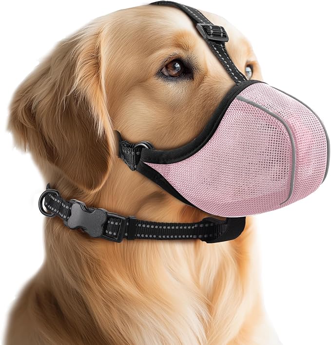 Dog Muzzle - Soft Breathable Mesh Nylon Adjustable Muzzle for Small Medium Large Dogs | Prevents Chewing,Biting & Scavenging | Allows Panting, Drinking & Grooming | Secure Collar Strap Design(Pink M)