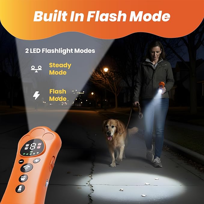 New Ultrasonic Dog Deterrent with 0-9 Variable Frequency Gears, 180° Wide Coverage, Multi-Breed Compatibility, and Built-in Flashlight – Safe & Effective Bark Control and Training Tool