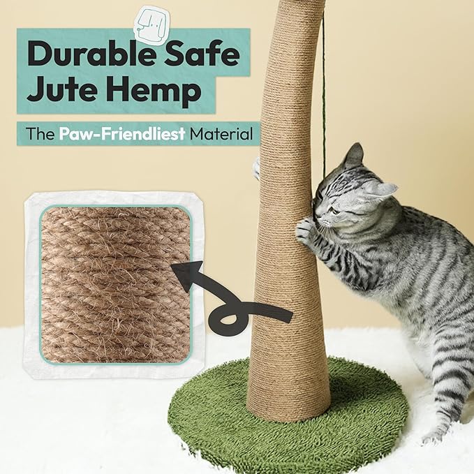 33" Tall Cat Scratching Post, Natural Jute Cat Scratcher for Indoor Cats, Coconut Tree Design with Hanging Toy Ball & Rest Platform, Stable Furniture Protector for Kittens & Adult Cats, L