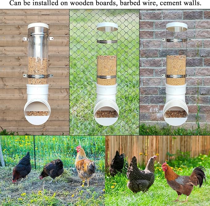 PVC Chicken Feeder,Outdoor Automatic Chicken Feeder,Chicken feeders no Waste,wall Mount Weatherproof Chicken Gravity Feeder (Transparent)