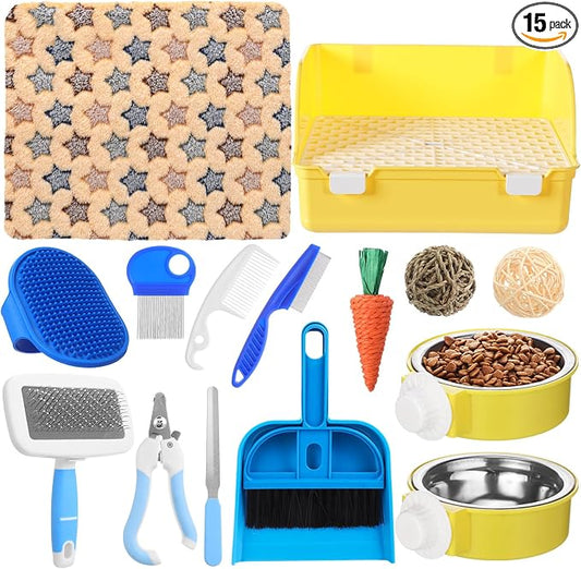 Reallnaive 15 Pcs Rabbit Starter Kit Small Rabbit Litter Box Girls Gift Animal Grooming Kit Bunny Toys Bowl Blankets with Cleaning Set for Guinea Pig Accessories(Yellow)