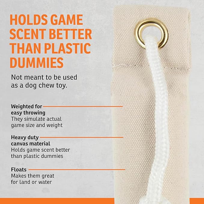 SportDOG Canvas Dummies - Hunting Dog Training Tool - Game Scent Absorber - Water-Ready Bumper - Durable Field Dummy - Weighted Toy - Puppy Size - 2.25" W X 8.5" L - Natural