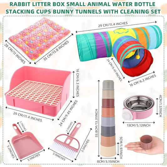 34 Pcs Rabbit Starter Kit Rabbit Litter Box Small Animal Water Bottle Cups Bunny Tunnels Animal Grooming Kit Bowl Blanket with Cleaning Set for Guinea Pig Bunny Accessories(Style 1,Pink)