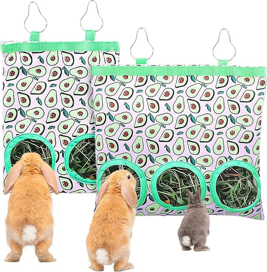 2 Pack Rabbits Hay Feeder for Guinea Pigs 2-Hole 3-Hole Hanging Feeder Bunny Rabbit Hay Bags for Hamsters Small Pets Accessories Holder Bags