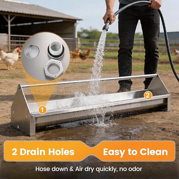 Chicken Feeding Trough 45" Large Capacity Stainless Steel Chicken Feeder Trough with Drainage Holes & Crossbar Poultry Feeder Trough for Chicken,Duck,Geese,Turkey Coop Accessories Supplies