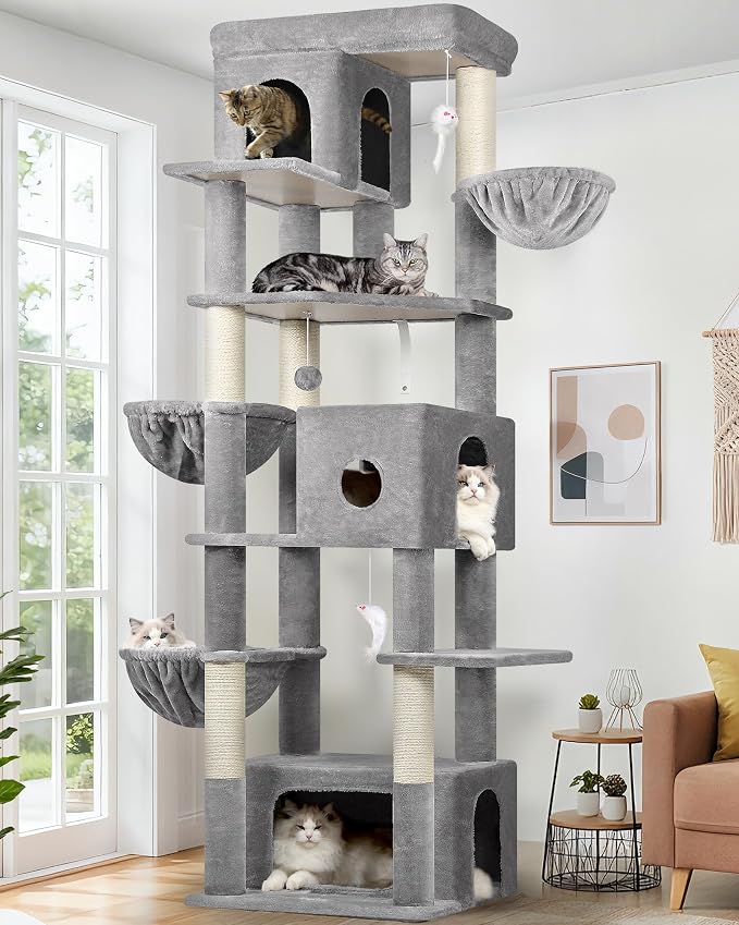 Globlazer Large Cat Tree, 80 inch Multi-Level Tall Climbing Tower Kitty Condos Cat Scratching Tower for Indoor Multiple Large Adult Cats Kittens with 3 Cat Caves, 3 Hanging Baskets, F80F, Light Grey