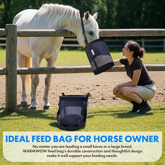 Horse Feed Bag Pack of 2 (Reinforced Bottom Edging), Feed Bags for Horses with Ventilation Mesh, Comfort Nose Pad Neck Pad, Adjustable Strap, Spill Proof Design for Feeding Grain, Supplements