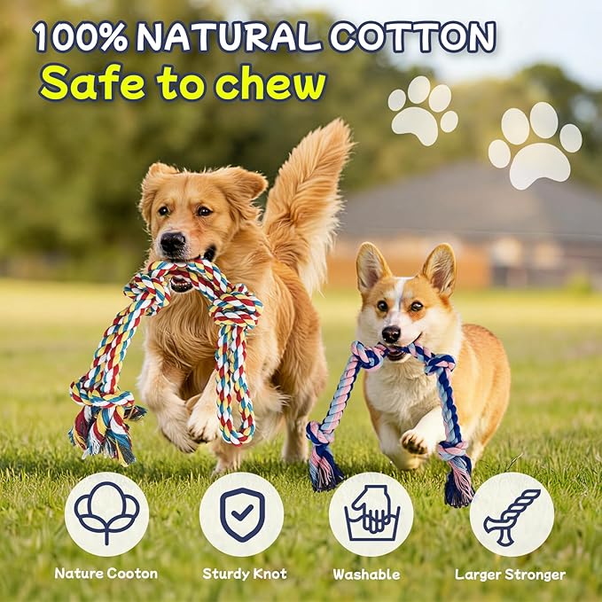 Rocfish 4 Pack Dog Rope Toys for Aggressive Chewers, Tough Tug of War Dog Toys for Large, Medium & Small Dogs, 100% Cotton Teeth Cleaning Chew Toys, Heavy Duty Tug Toy to Relieve Dog Boredom