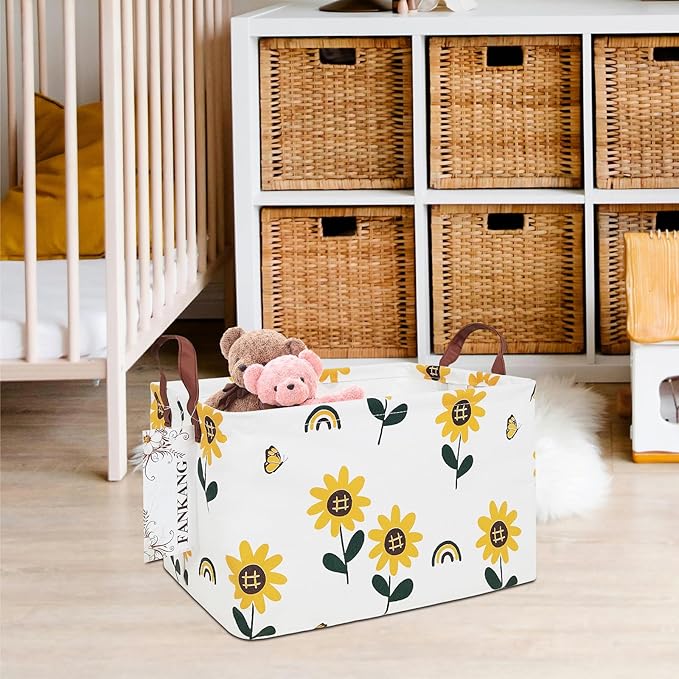 Storage Bins, Nursery Hamper Canvas Laundry Basket Foldable with Waterproof PE Coating Large Storage Baskets for Kids Boys and Girls, Office, Bedroom, Clothes,Toys(Rec-Sunflower）