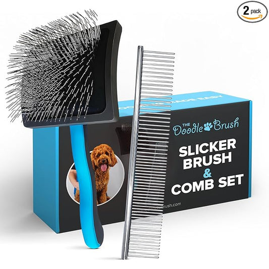 Grooming Kit, Slicker Dog Brush and Finishing Comb Set, Detangler & Dematting Grooming Tools for Dogs, Extra Long Pin Slicker & Metal Comb for Goldendoodle, Cockapoo, Cavapoo, Poodle
