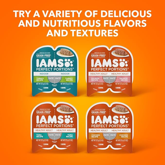 IAMS Perfect Portions Grain Free Wet Cat Food, Healthy Adult Cat Food Wet, Chicken Recipe Cuts in Gravy, (24) 2.6 oz. Twin-Pack Trays